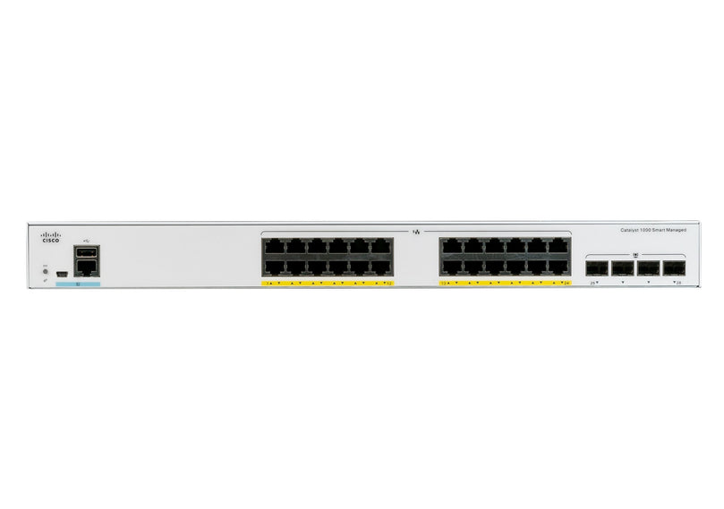 Cisco Catalyst 1000-24P-4G-L Network Switch, 24 Gigabit Ethernet (GbE) PoE+ Ports, 195W PoE Budget, four 1 G SFP Uplink Ports, Fanless Operation, Enhanced Limited Lifetime Warranty (C1000-24P-4G-L)