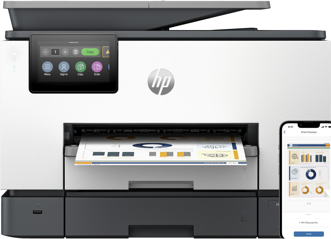 HP OfficeJet Pro 9130b All-in-One Printer, Color, Printer for Small medium business, Print, copy, scan, fax, Wireless; Print from phone or tablet; Automatic document feeder; Two-sided printing; Two-sided scanning; Scan to email; Scan to pdf; Fax; Front US