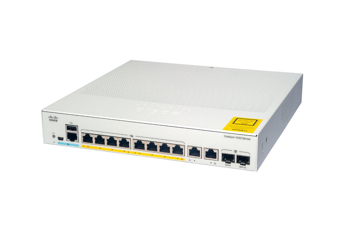 Cisco Catalyst 1000-8P-E-2G-L Network Switch, 8 Gigabit Ethernet (GbE) PoE+ Ports, 670W PoE Budget, two 1 G SFP/RJ-45 Combo Ports, Fanless Operation, Enhanced Limited Lifetime Warranty (C1000-8P-E-2G-L)