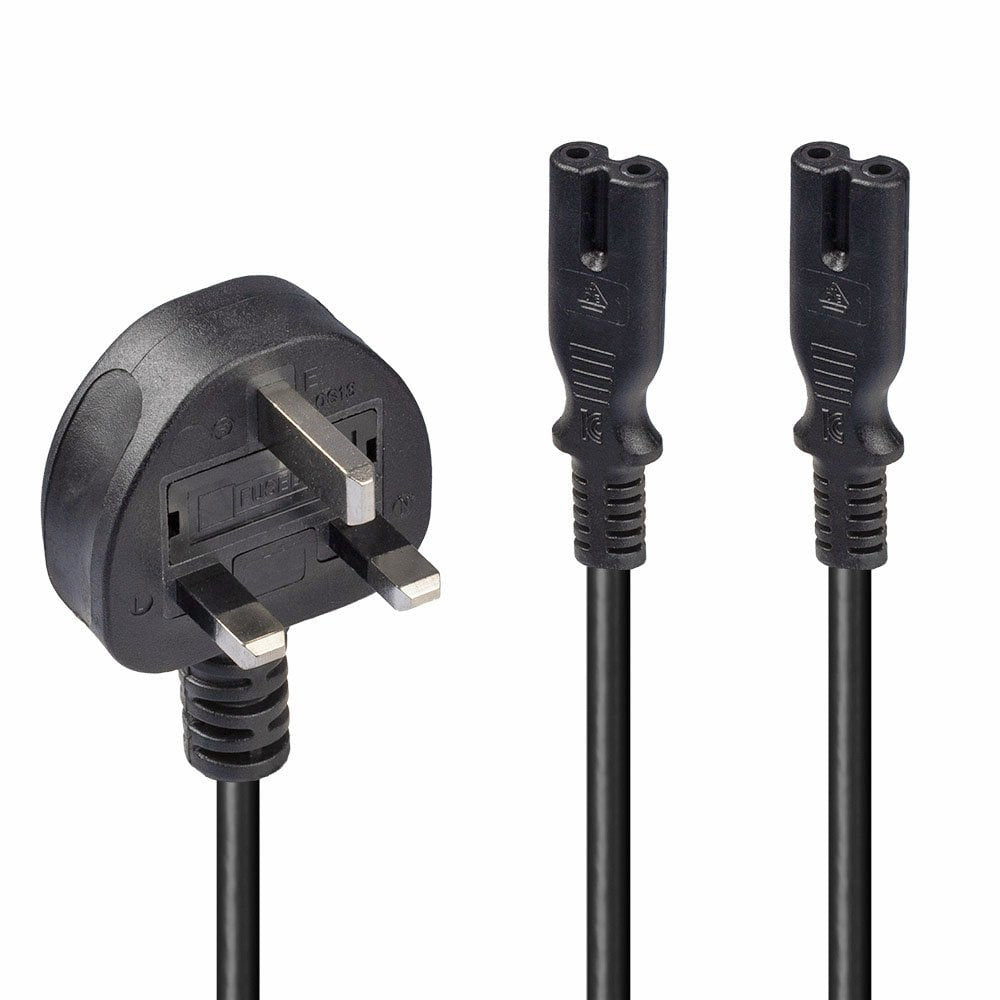 Lindy 2.5m UK 3 Pin Plug to 2 x IEC C7 Splitter Extension Cable, Black